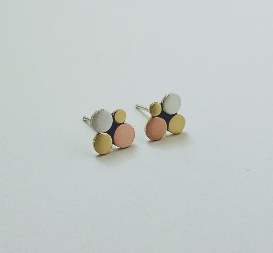 Pebbles Stud Earrings, Silver, Brass & Copper