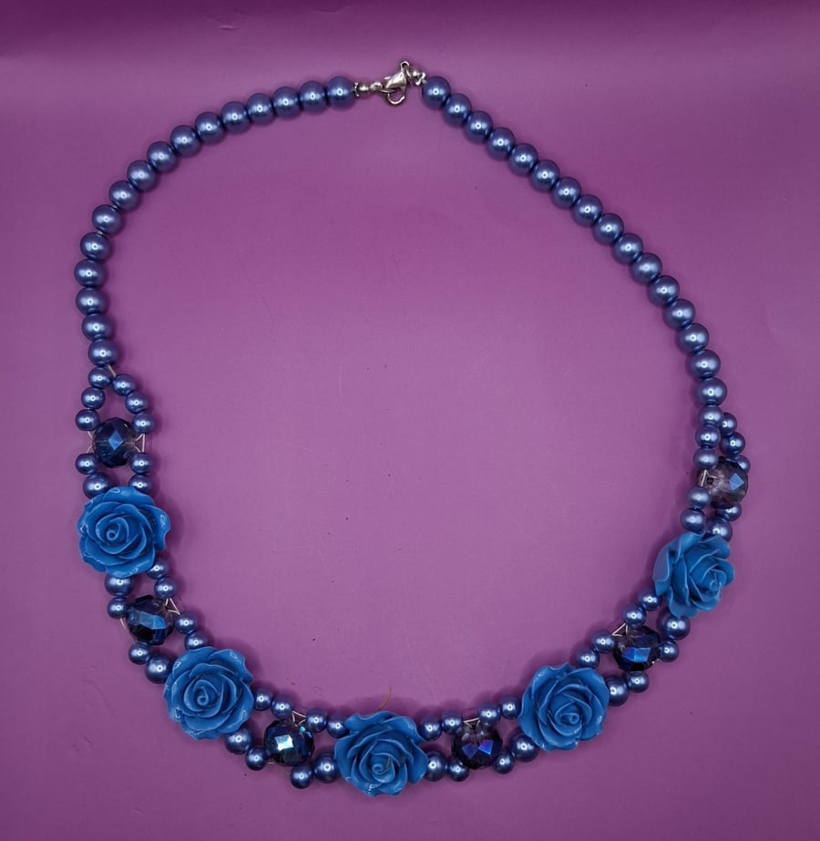 Hand Crafted Blue Rose Beaded Necklace