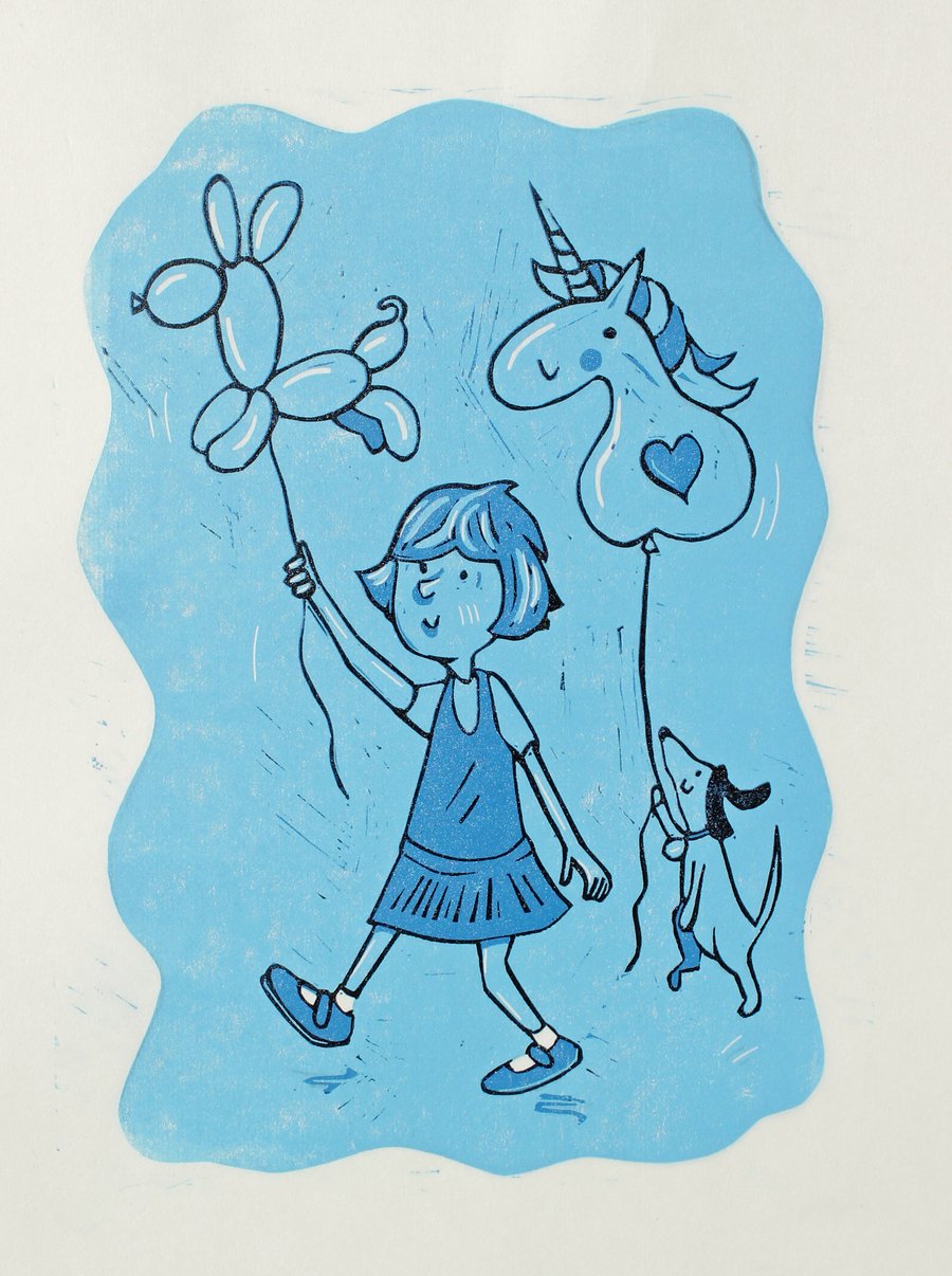 Lino Print Hand Printed Balloon Dog Limited Edition