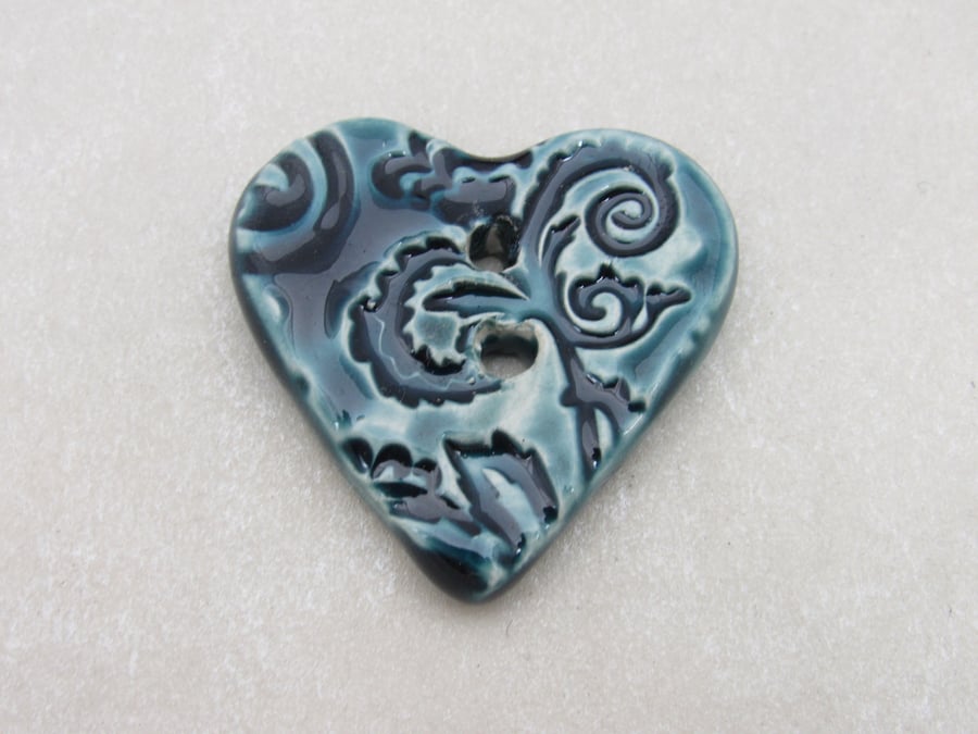 SECONDS Medium Petrol Blue Brocade Texture Heart Shaped Ceramic Button