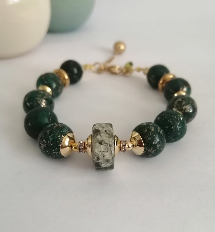 Green chunky gemstone  bracelet, jasper & marcasite 