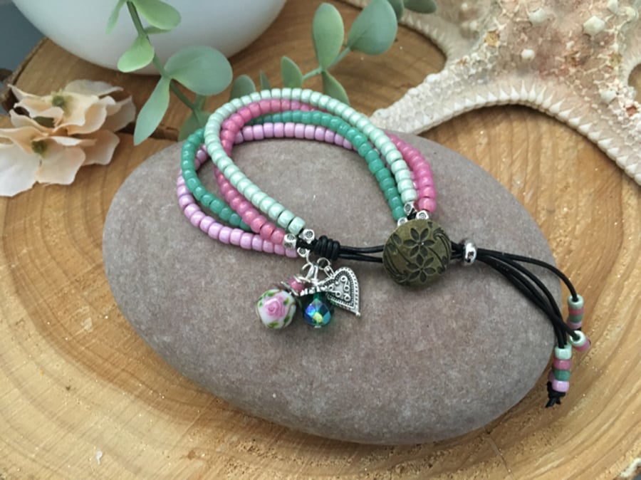 Leather beaded wrap charm bracelet