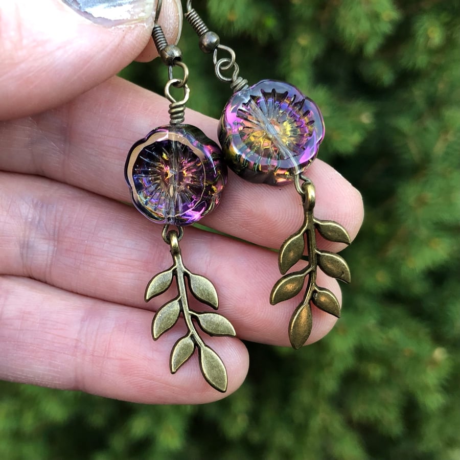 Pink Purple Flower Earrings With Bronze Leaves. Dangly Boho Beaded Summer