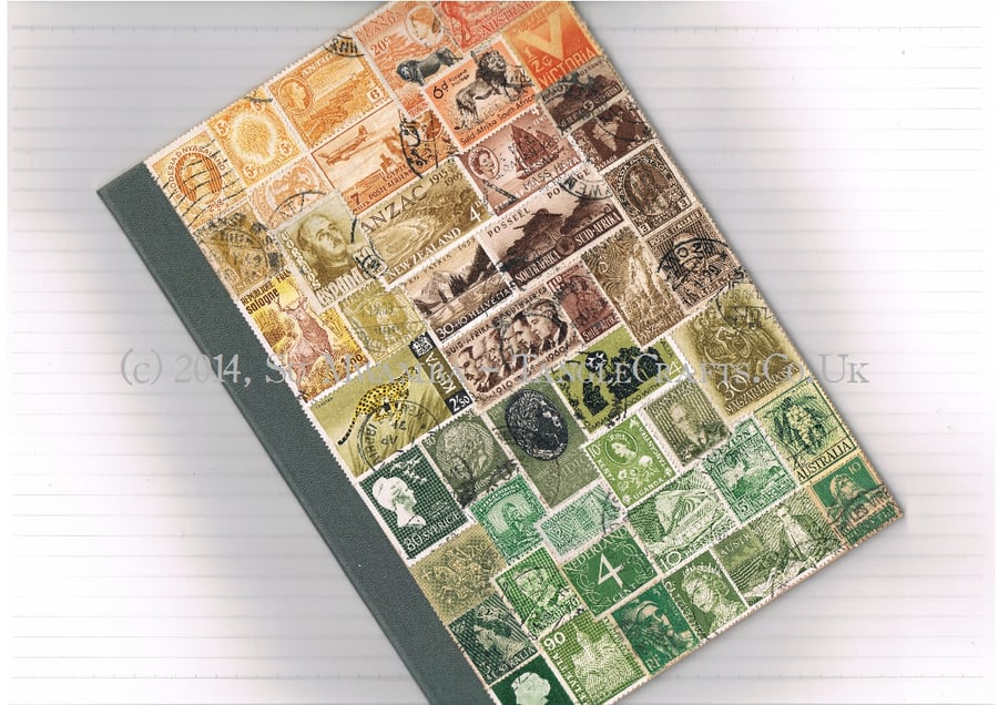 OOAK Autumn Collaged Notebook, Medium - upcycled vintage world postage stamps