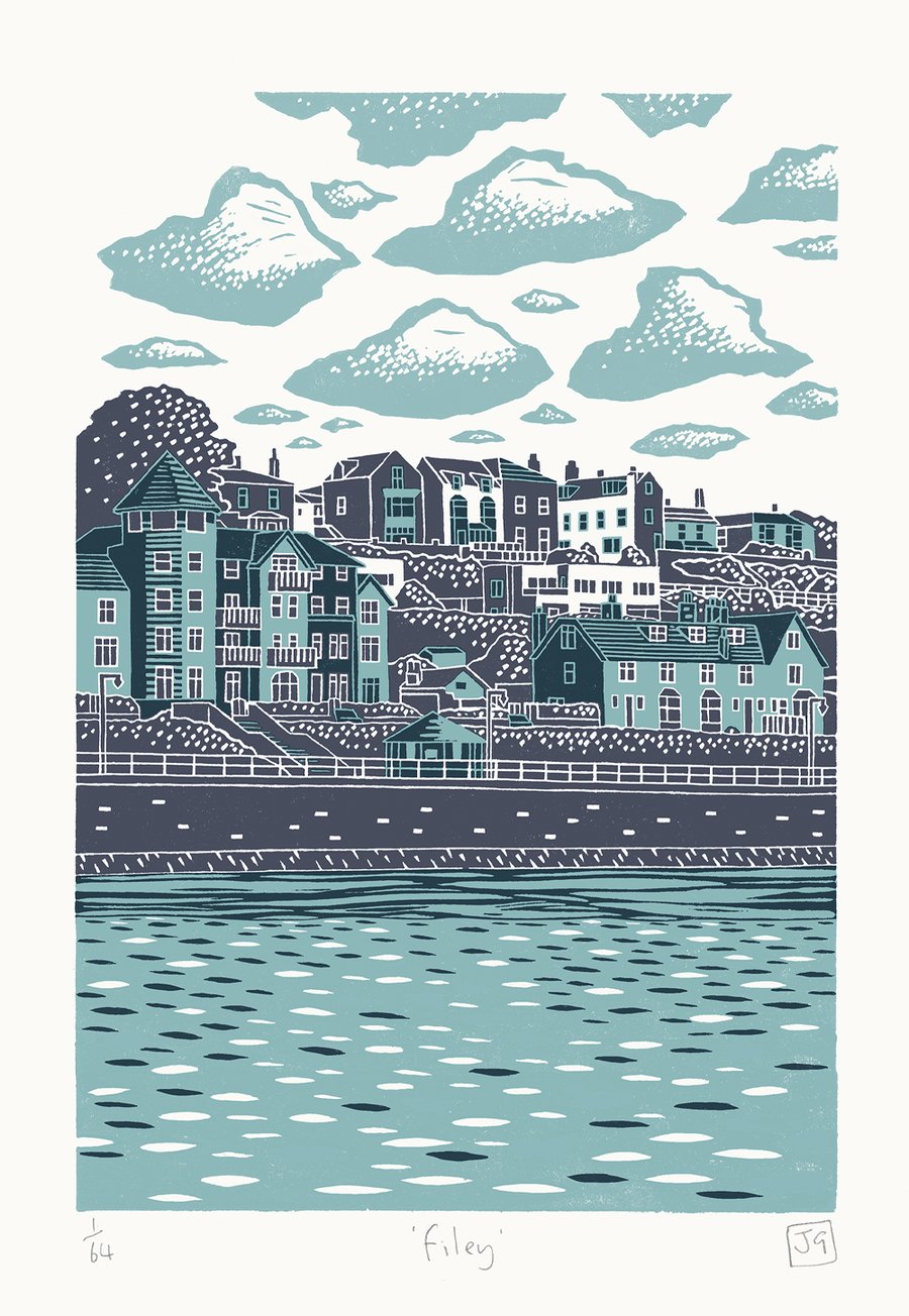 Filey two-colour A3 linocut screen-print