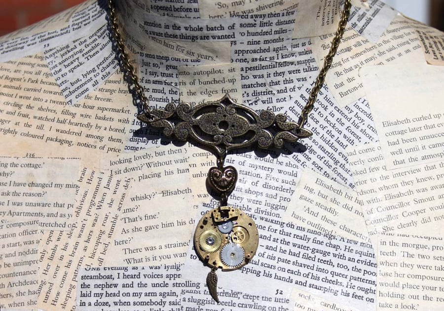 Steampunk Angel Wing Heart Charm Vintage Watch Part Gold Necklace