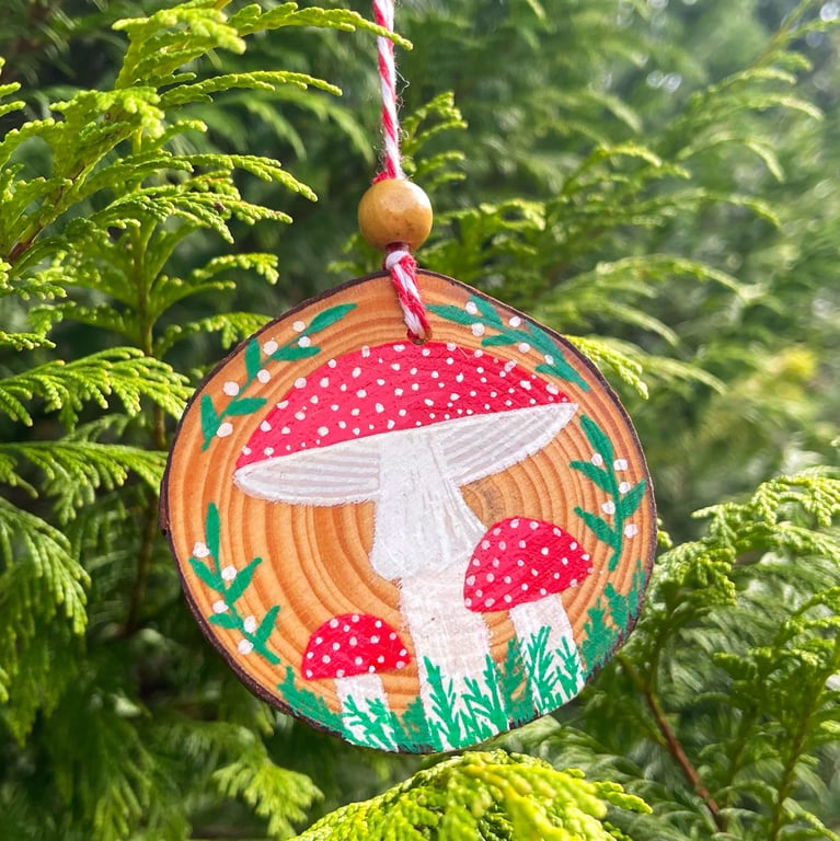 Mushrooms Hand Painted Wood Slice Ornament, Fly Agaric Mushrooms
