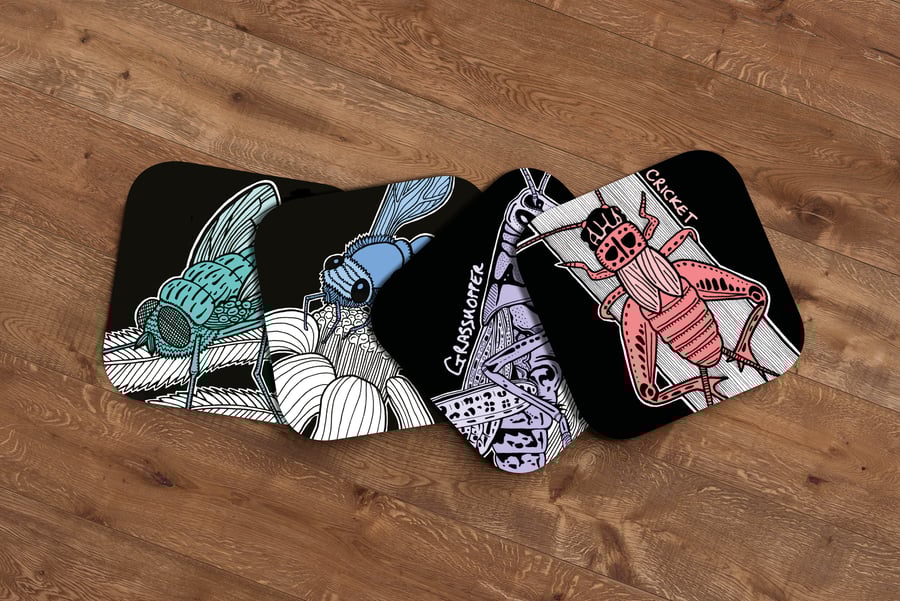 Set of Illustrated Insect Drinks Coasters