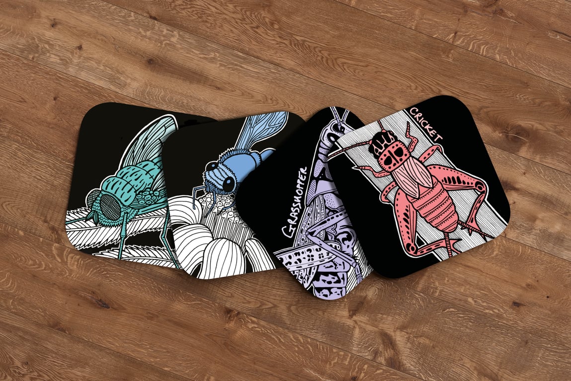Set of Illustrated Insect Drinks Coasters