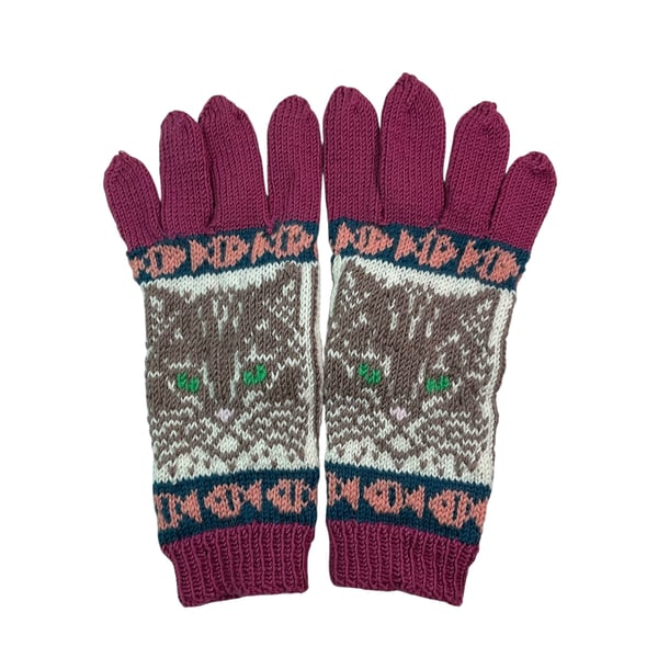  Gloves with cat hand knitted in merino wool, handmade gloves, cat lover gift