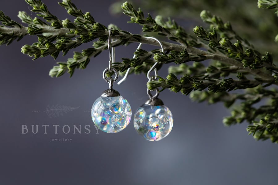 Rainbow Bubbles Globe Earrings - Iridescent Bubble Jewellery - Sterling Silver