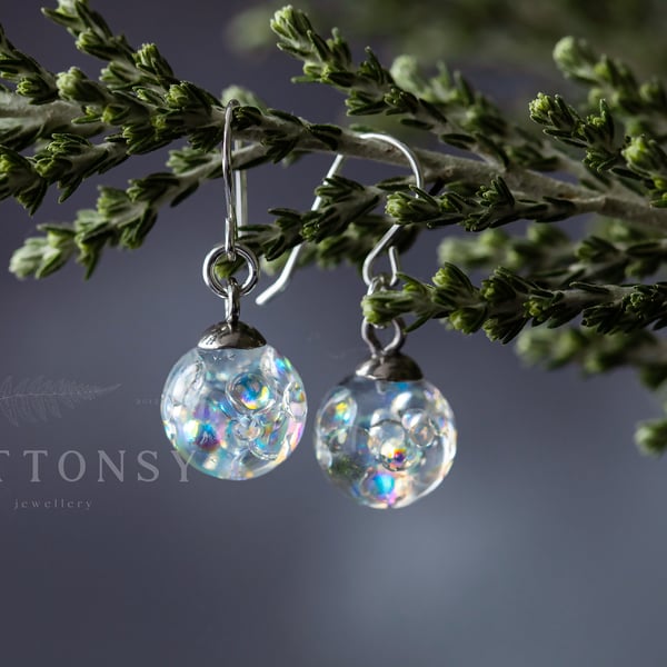Rainbow Bubbles Globe Earrings - Iridescent Bubble Jewellery - Sterling Silver