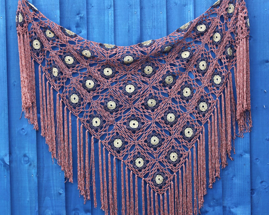 Crochet triangular shawl in sparkly gold, black copper and bronze - design LF433