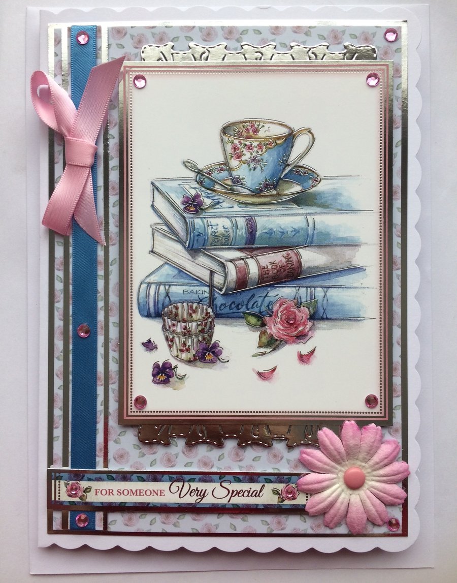 Tea Card Birthday For Someone Very Special Floral Tea Cup Baking Books