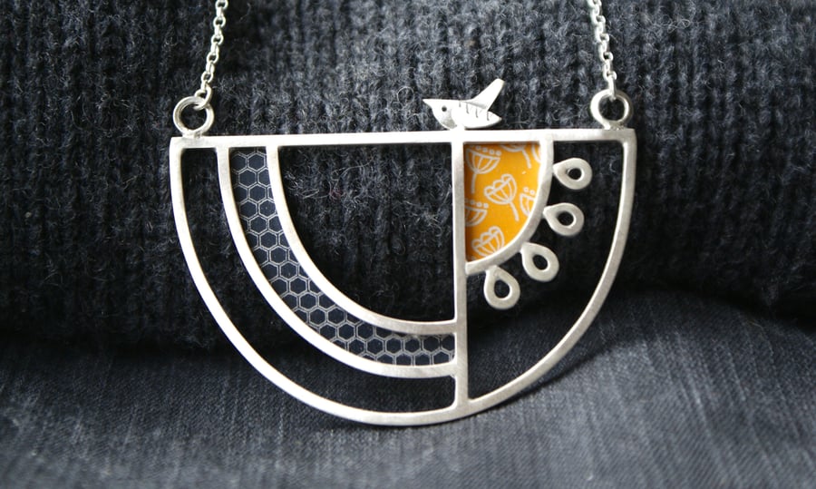 Silver bird statement bib necklace