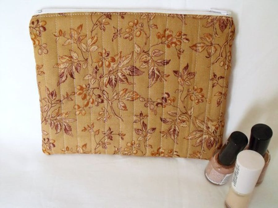 tan ditsy print zipped make up pouch, pencil case or crochet hook case