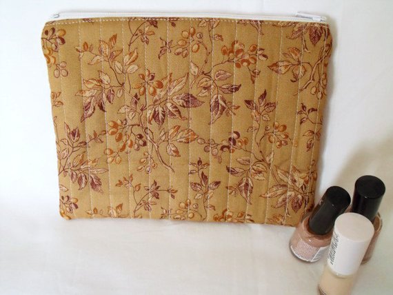 tan ditsy print zipped make up pouch, pencil case or crochet hook case