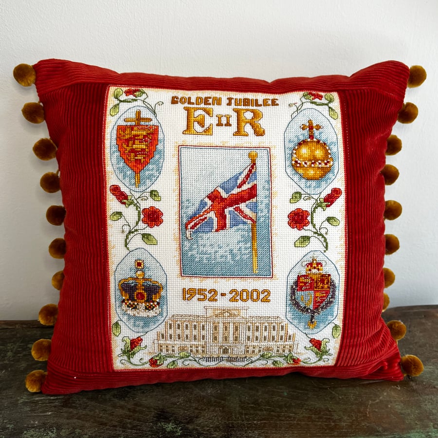 Golden jubilee Cross Stitch and Corduroy cushion with filler