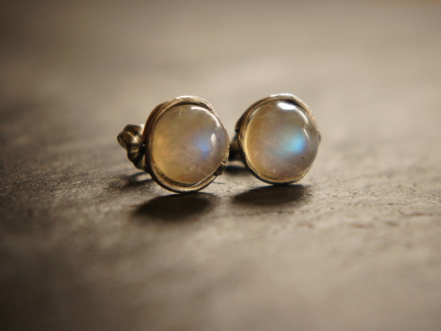 Rainbow Moonstone Wabi Sabi Style Stud Earrings
