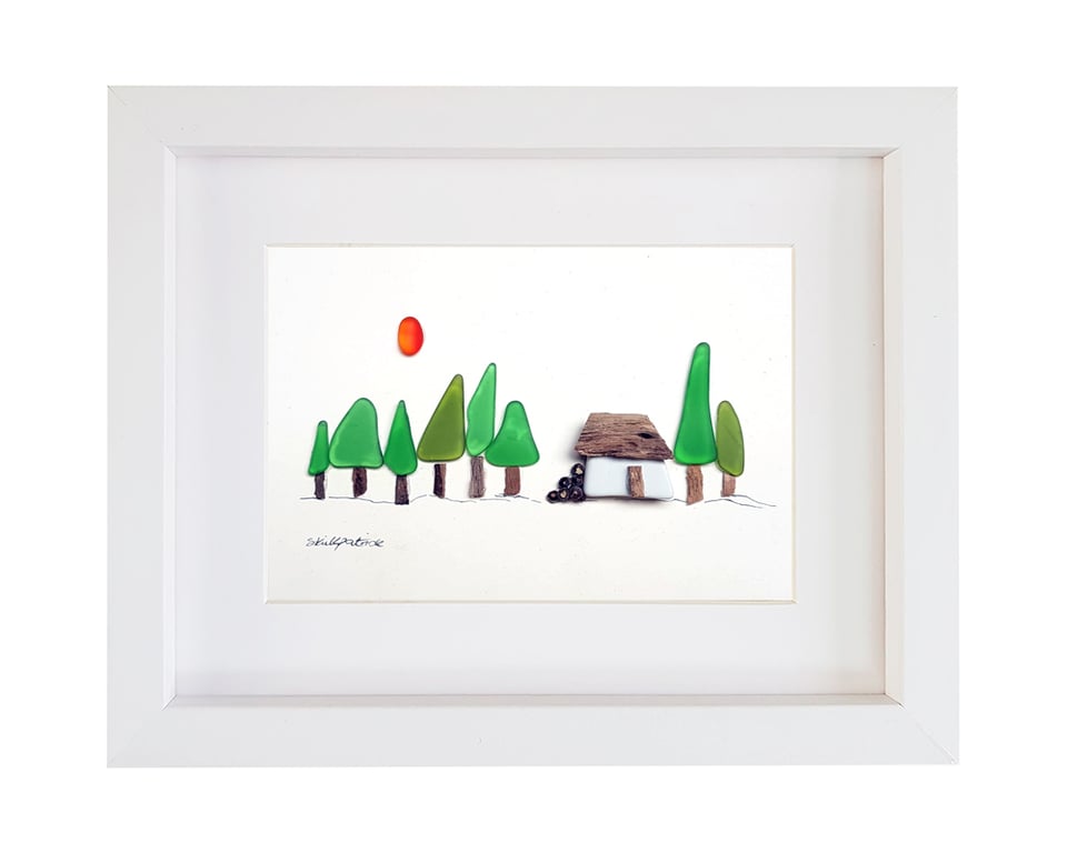 Woodland Cottage - Sea Glass & Pebble Picture Framed Unique Handmade Art