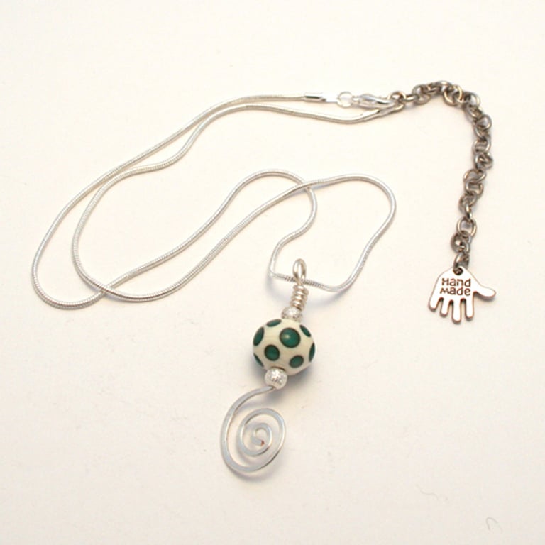 White and Green Lampwork Necklace - Polka Dot Bead Wire Spiral Pendant