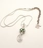 White and Green Lampwork Necklace - Polka Dot Bead Wire Spiral Pendant