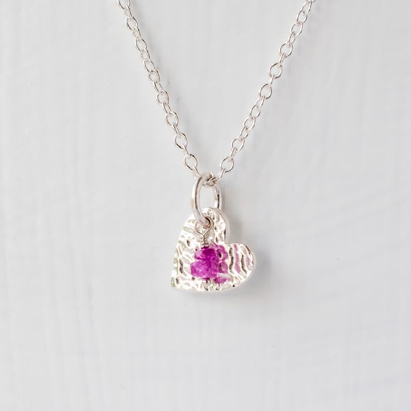 Pink Sapphire with Fine Silver Heart Pendant Necklace