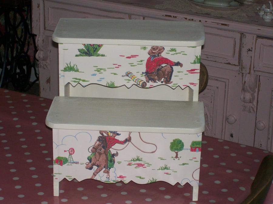 Shabby Chic Wooden Step Stool made using Cath Kidston Cowboy design nursery home