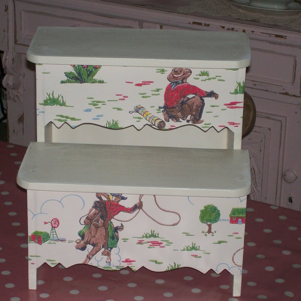 Shabby Chic Wooden Step Stool made using Cath Kidston Cowboy design nursery home
