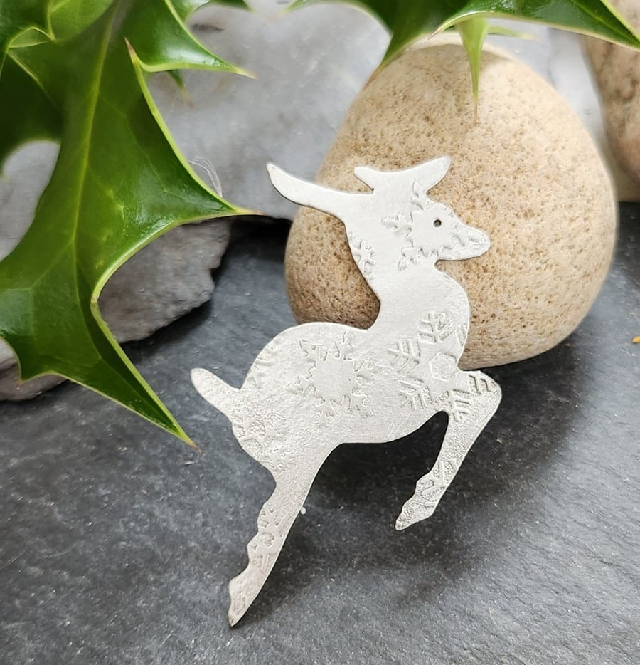 Reindeer brooch in etched pewter