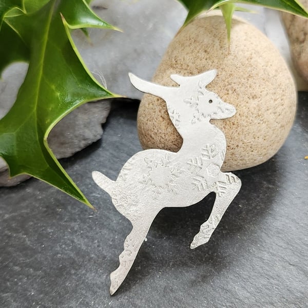 Reindeer brooch in etched pewter