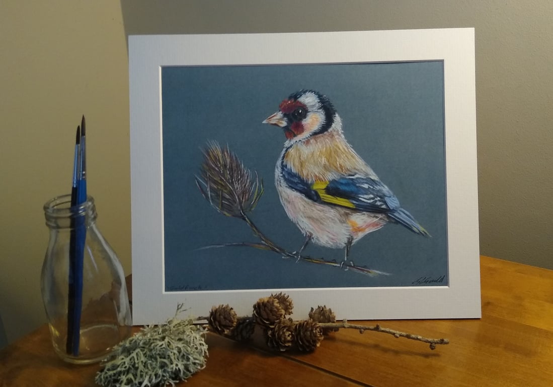 A quality signed print of an original drawing of a Goldfinch 250 mm x 200mm 
