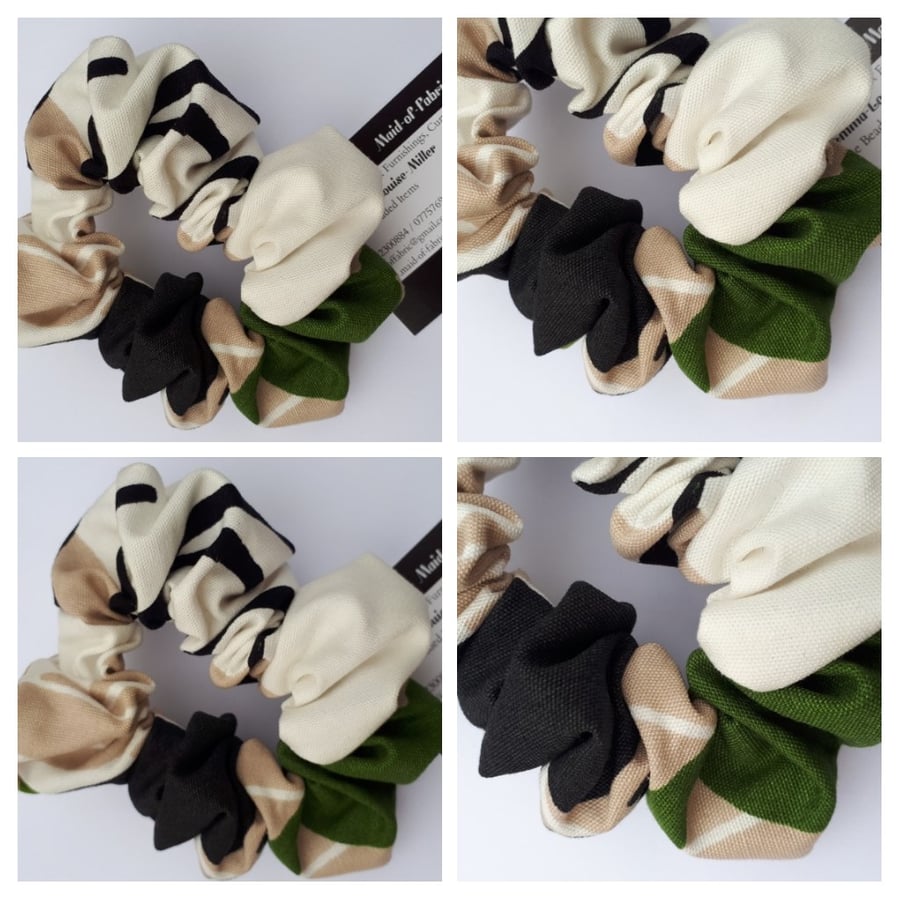 Hair scrunchie made using cream, green and black fabric. 3 for 2 offer. 