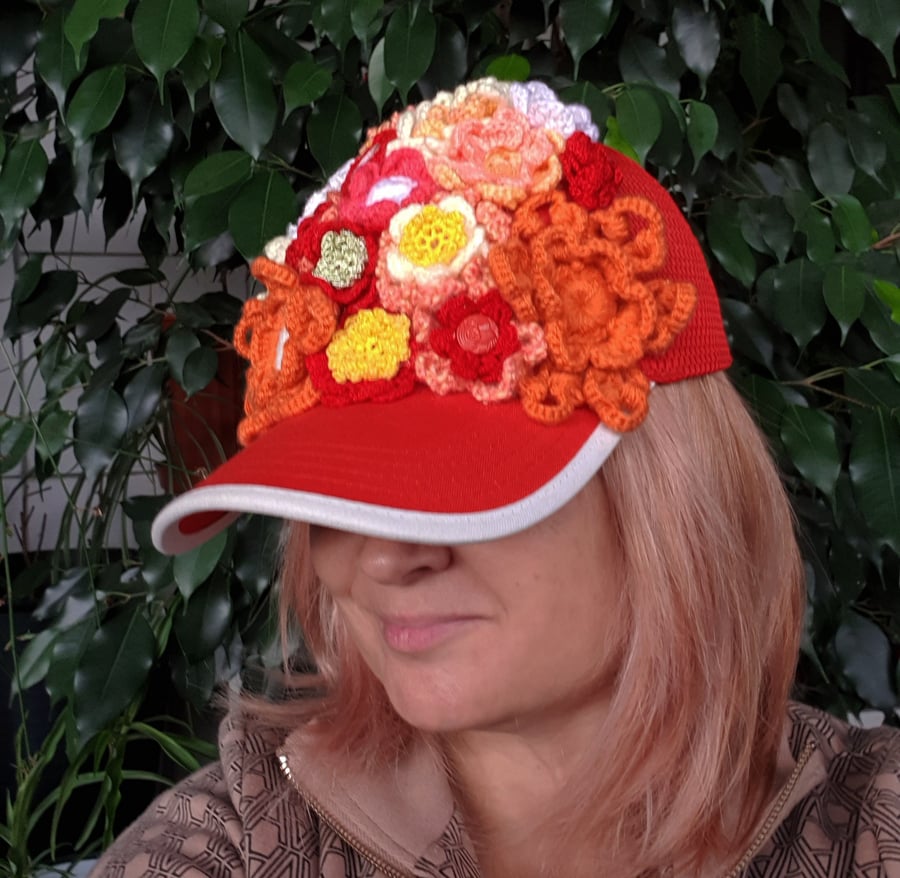Colorful baseball festival Cap with Crochet Flowers-only one hat