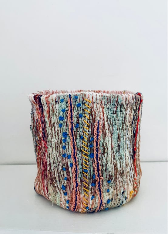 Colourful tactile, textile pot, storage or plant holder 