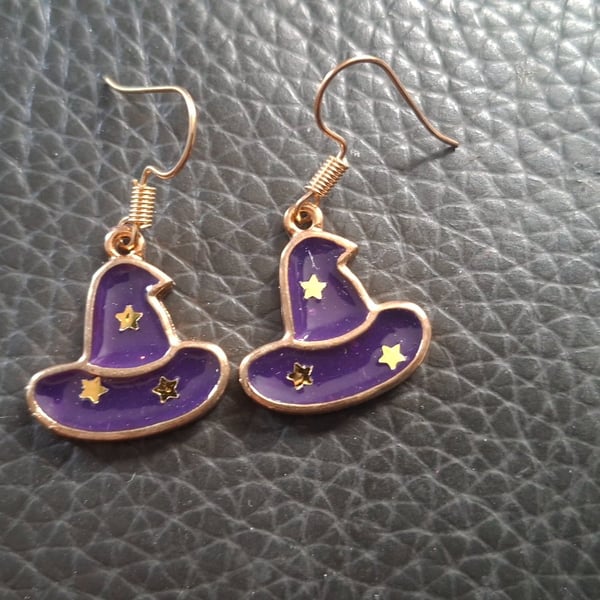 Purple witches hat earrings