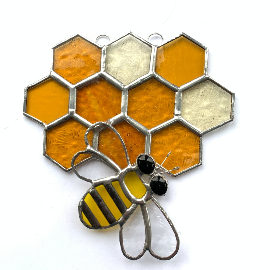 Bee on Honeycomb Stained Glass Suncatcher - Handmade Hanging Decoration