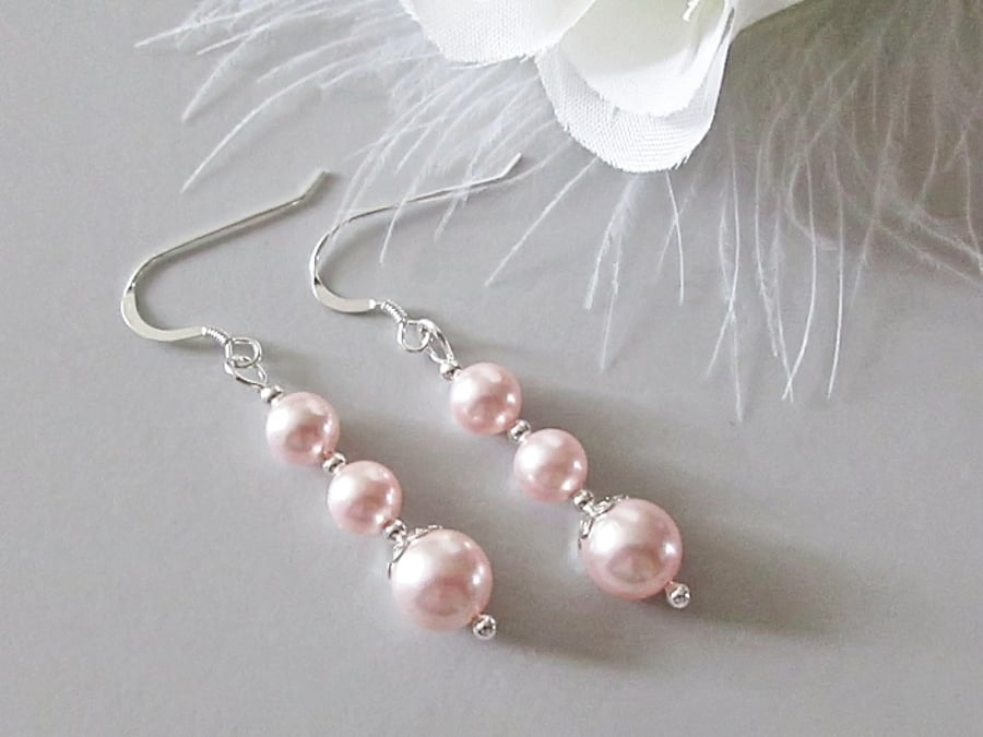 Elegant Pastel Pink Pearl Drop Earrings with Sterling Silver, Bridesmaids Gift