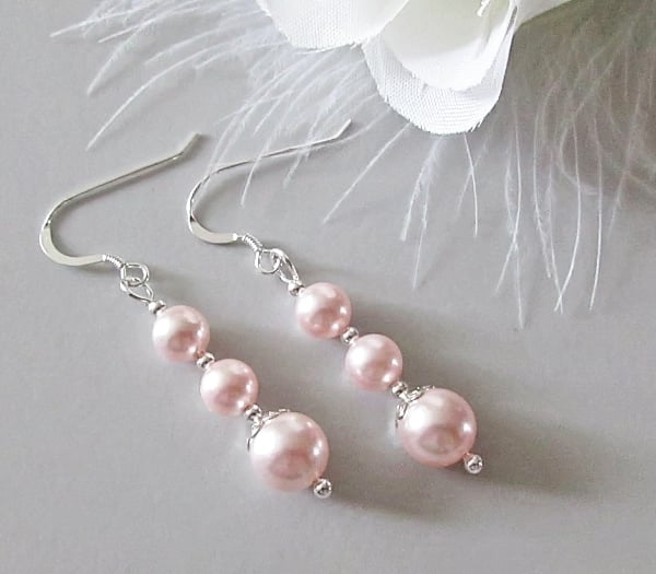 Elegant Pastel Pink Pearl Drop Earrings with Sterling Silver, Bridesmaids Gift