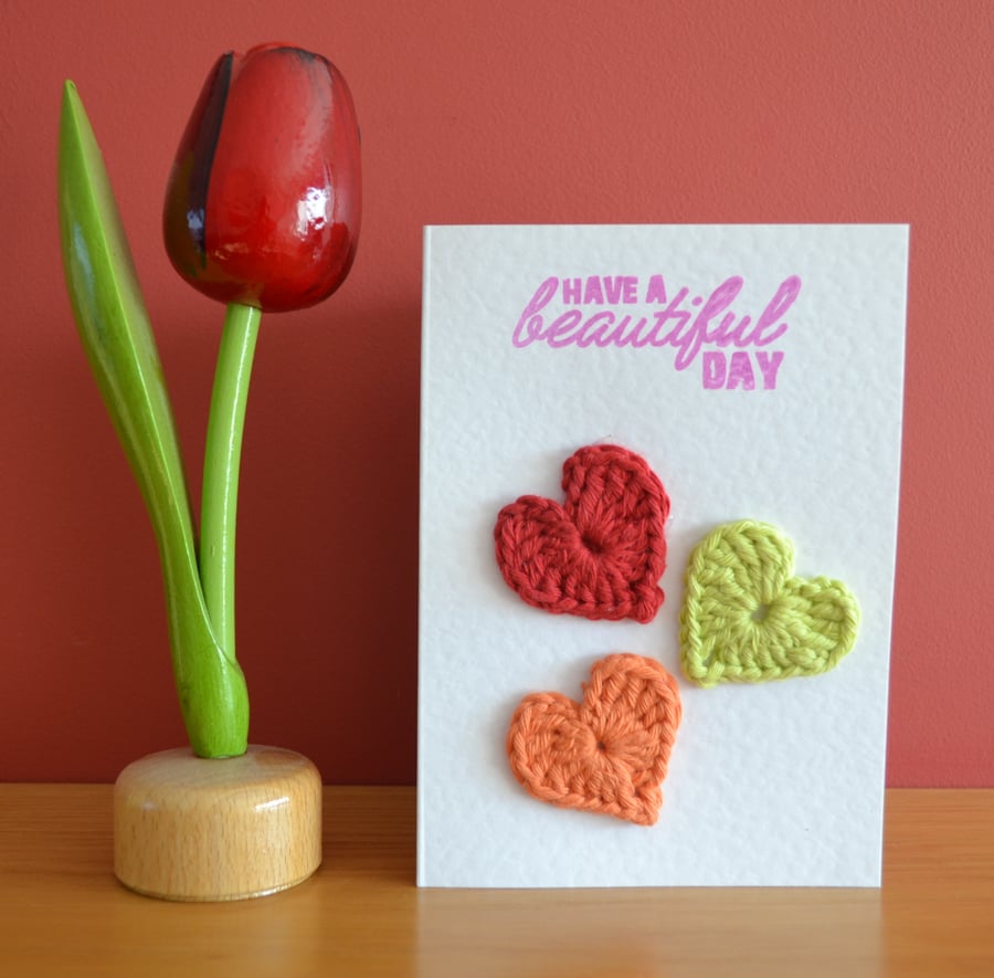 Greeting card with crochet hearts - No. 09