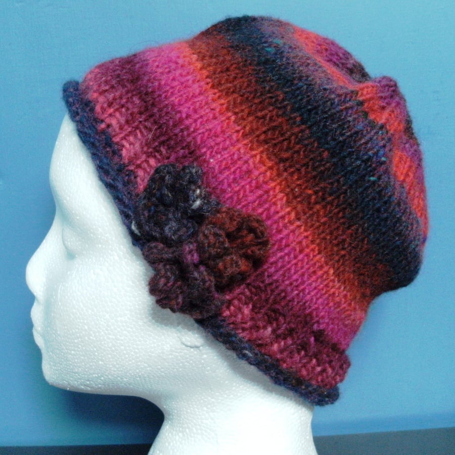 Handknit Noro 3-flowered Roll up Beanie Hat 100% wool Purple Fuschia MED