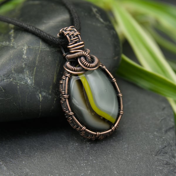 Wire Wrapped Copper Pendant with Handmade Grey and Yellow Glass Pebble - OOAK