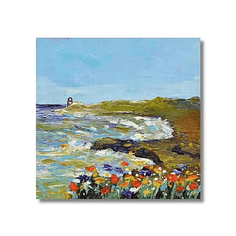 A Framed Acrylic Painting of a Lighthouse on a Scottish Coast.