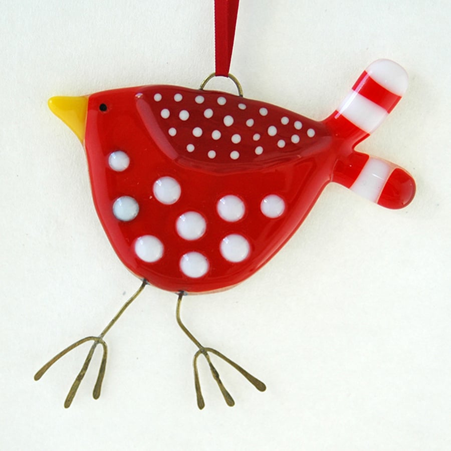 Fused Glass Red Spotty Bird Decoration