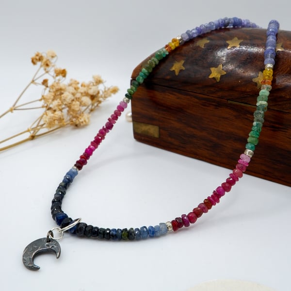 Multicoloured Sapphire Rainbow Pride Crescent Moon Gemstone Beaded Necklace 