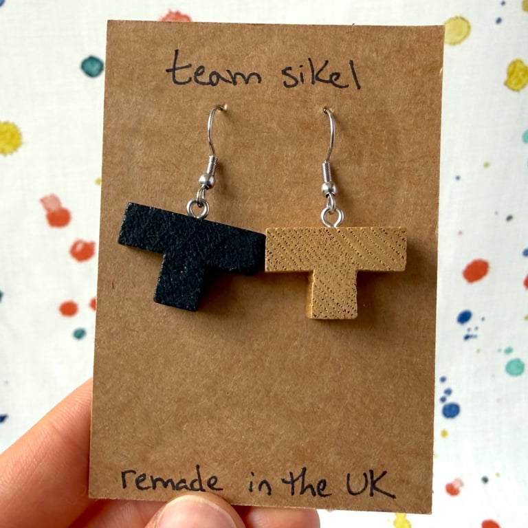 Mixed Wooden T Earrings from a 3D Puzzle - Old Stock - Super Seconds