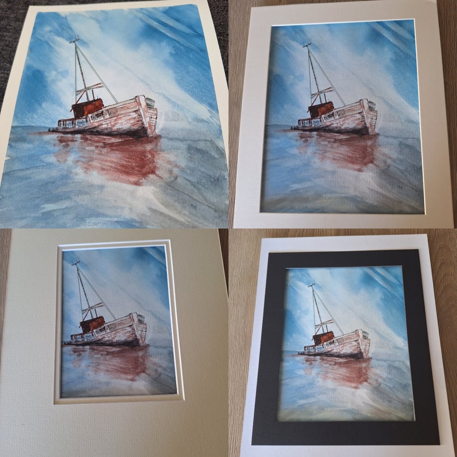 Watercolour stranded boat