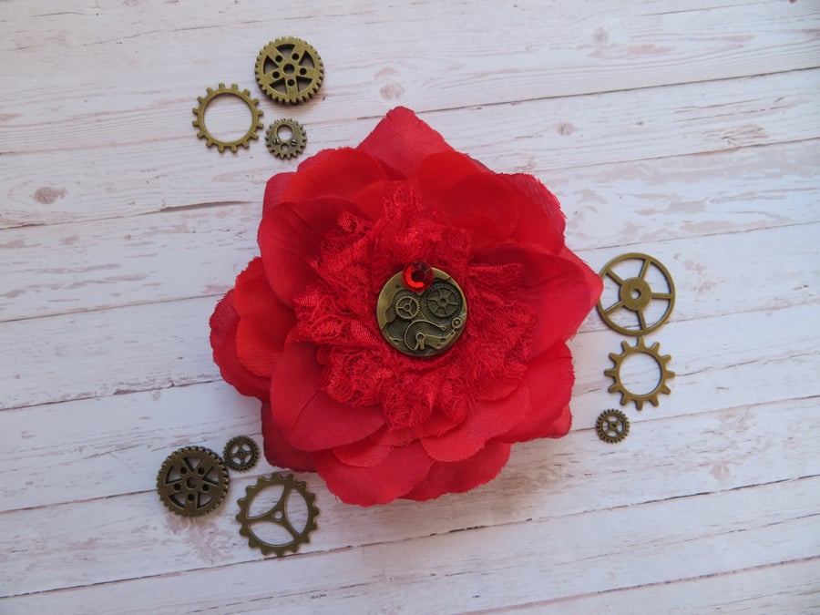 Red Rose Flower Brass Steampunk Brooch Corsage Buttonhole 