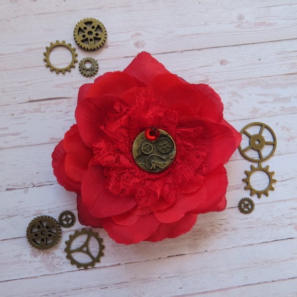 Red Rose Flower Brass Steampunk Brooch Corsage Buttonhole 