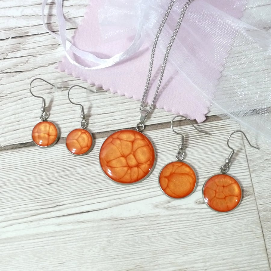 Bright Orange enamel and resin pendant and dangle earring set